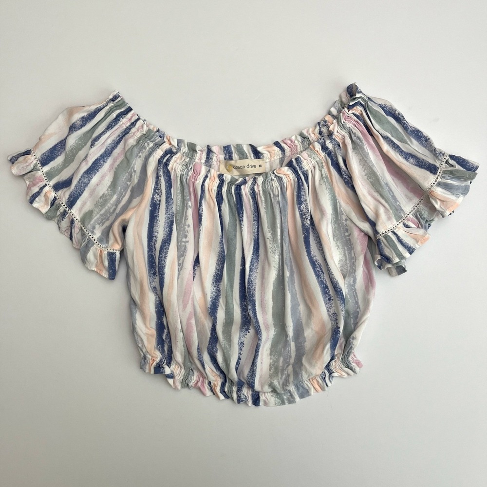 Ocean Drive Womens M Striped Crop Ruffle Top, Pastel Crop Shirts, Puffy Q18